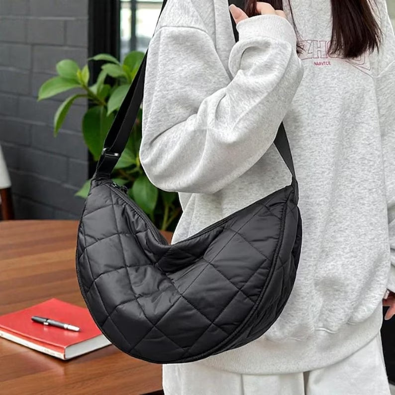 Half Moon Crossbody Bag Women's Shoulder Bag Medium Nylon Quilted Bag Women's Puffer Bag Hobo Shopper Bag Shoulder Bag with Adjustable Shoulder Strap for University Work Travel Everyday 3535