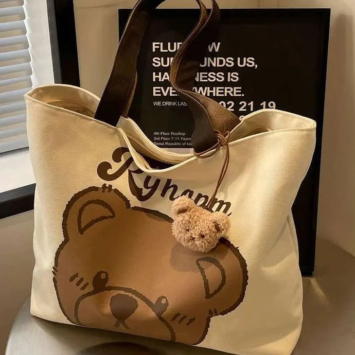 Cute Cartoon Bear Design Casual Canvas Tote Bag Shoulder Bag For Women (NO KEYCHAIN) #3626