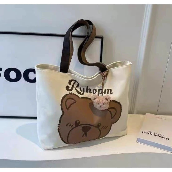 Cute Cartoon Bear Design Casual Canvas Tote Bag Shoulder Bag For Women (NO KEYCHAIN) #3626