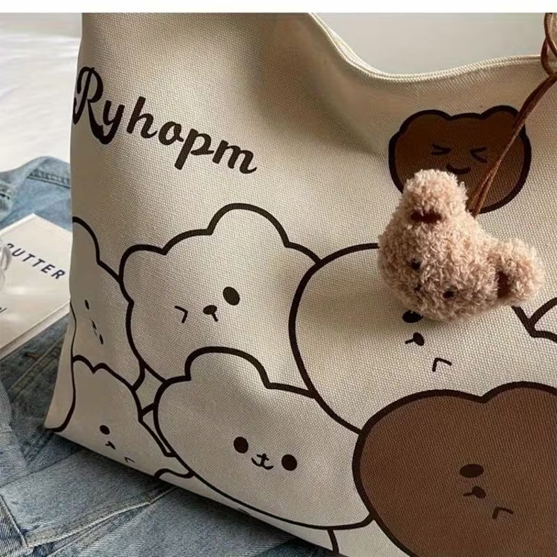 Cute Cartoon Bear Design Casual Canvas Tote Bag Shoulder Bag For Women (NO KEYCHAIN) #3626