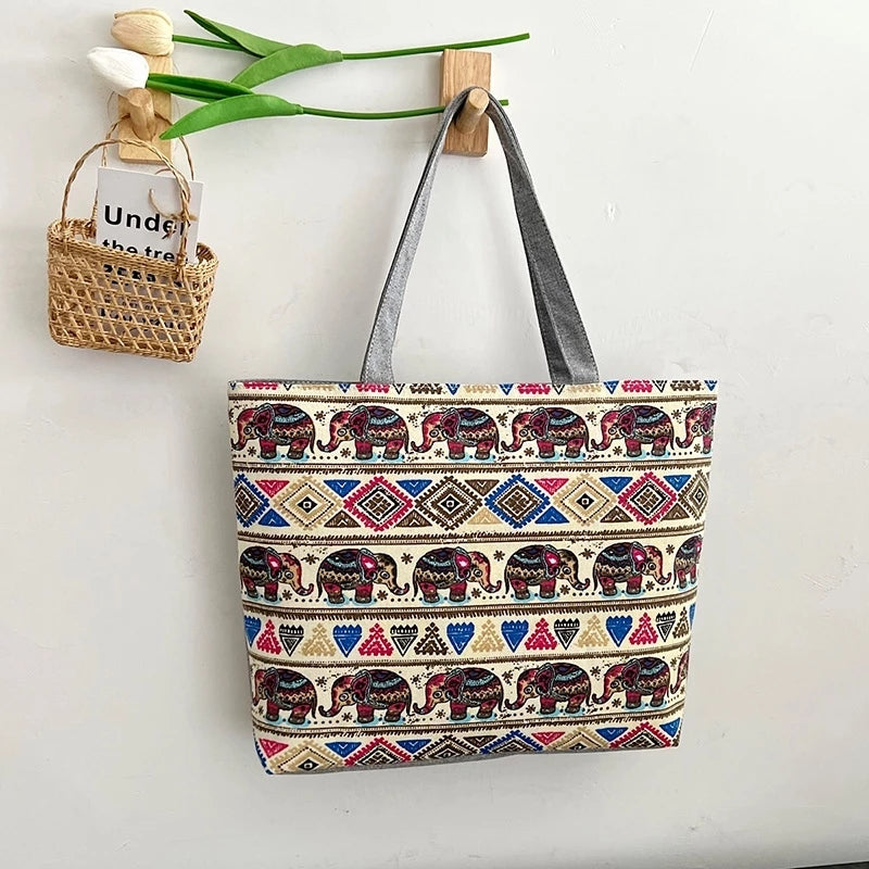 Tote Bag For Women Printed Canvas Shoulder Bag Casual Style With Zipper Closure #3665