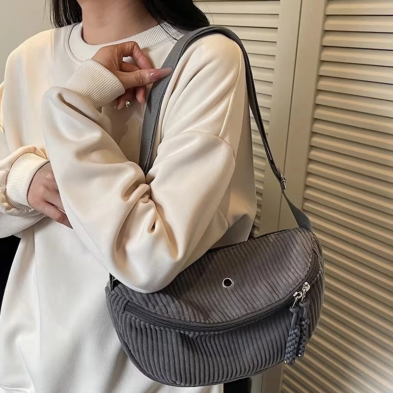 Women's Adjustable Corduroy Crossbody Bag with Plush Strap - Soft Casual Purse Suitable for Daily Use, Travel, Zipper Closure, Compatible for Gifts 3621