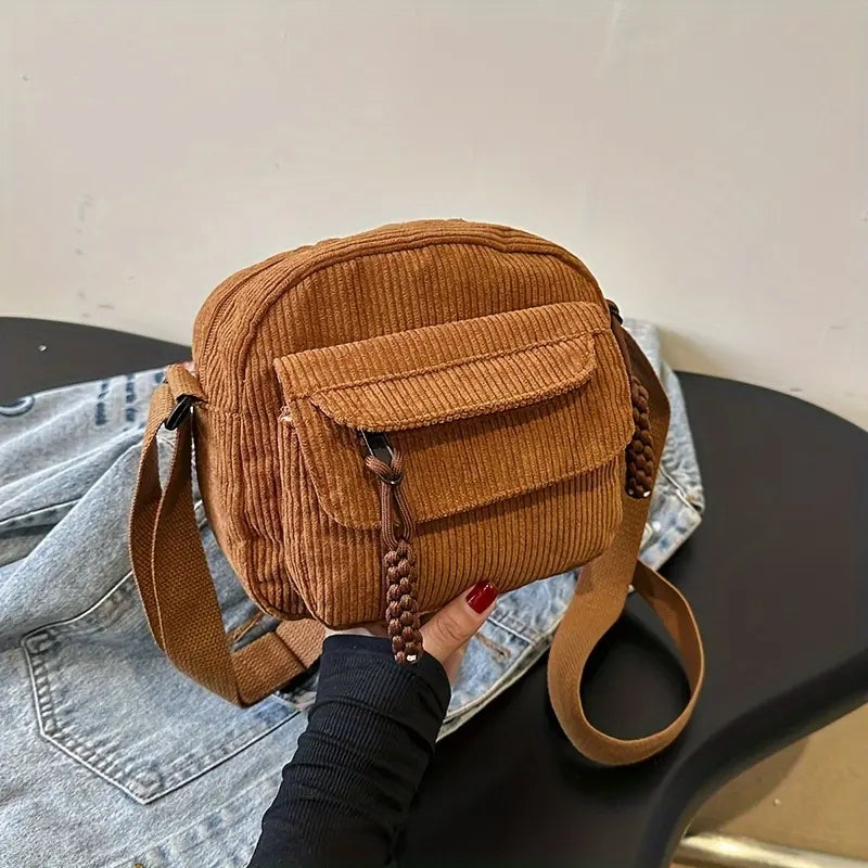 Corduroy New Simple and Stylish Solid Color Women's Shoulder Crossbody Bag in Campus Style #3600