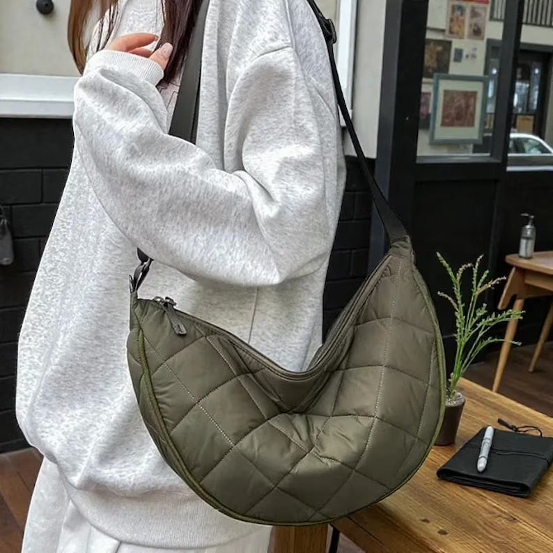 Half Moon Crossbody Bag Women's Shoulder Bag Medium Nylon Quilted Bag Women's Puffer Bag Hobo Shopper Bag Shoulder Bag with Adjustable Shoulder Strap for University Work Travel Everyday 3535