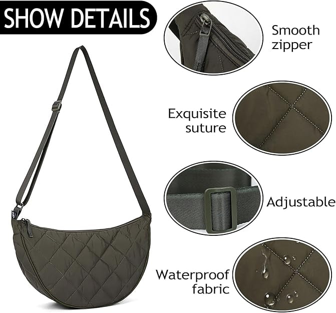 Half Moon Crossbody Bag Women's Shoulder Bag Medium Nylon Quilted Bag Women's Puffer Bag Hobo Shopper Bag Shoulder Bag with Adjustable Shoulder Strap for University Work Travel Everyday 3535