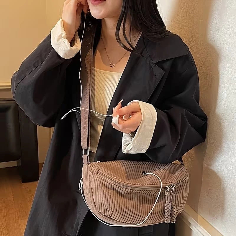 Women's Adjustable Corduroy Crossbody Bag with Plush Strap - Soft Casual Purse Suitable for Daily Use, Travel, Zipper Closure, Compatible for Gifts 3621