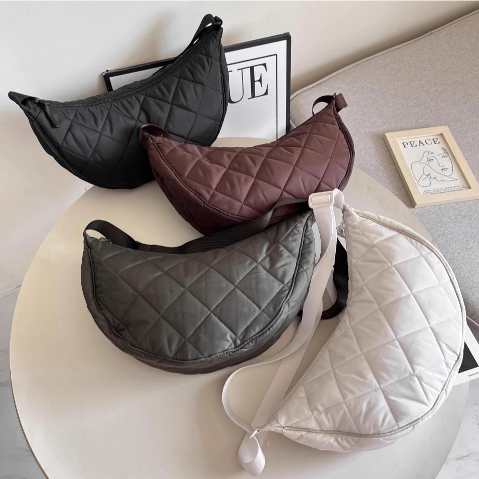 Half Moon Crossbody Bag Women's Shoulder Bag Medium Nylon Quilted Bag Women's Puffer Bag Hobo Shopper Bag Shoulder Bag with Adjustable Shoulder Strap for University Work Travel Everyday 3535