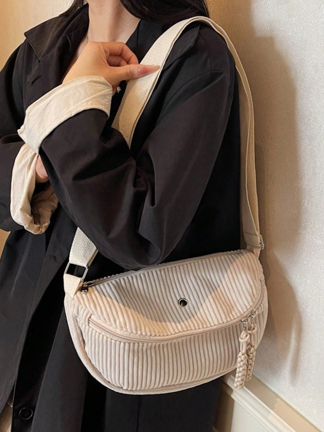 Women's Adjustable Corduroy Crossbody Bag with Plush Strap - Soft Casual Purse Suitable for Daily Use, Travel, Zipper Closure, Compatible for Gifts 3621