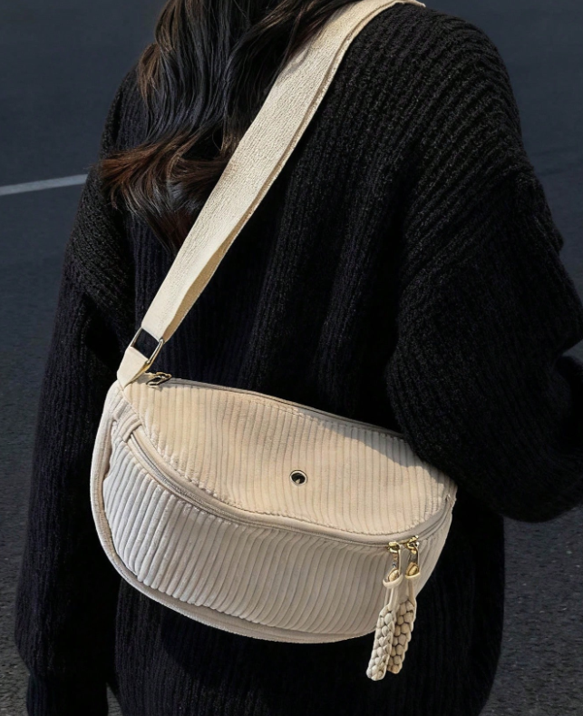 Women's Adjustable Corduroy Crossbody Bag with Plush Strap - Soft Casual Purse Suitable for Daily Use, Travel, Zipper Closure, Compatible for Gifts 3621