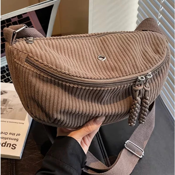 Women's Adjustable Corduroy Crossbody Bag with Plush Strap - Soft Casual Purse Suitable for Daily Use, Travel, Zipper Closure, Compatible for Gifts 3621