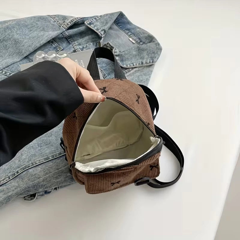New Bow-tie Corduroy Mini Backpack Japanese Style Commuter Bag Suitable For Daily Use #3620