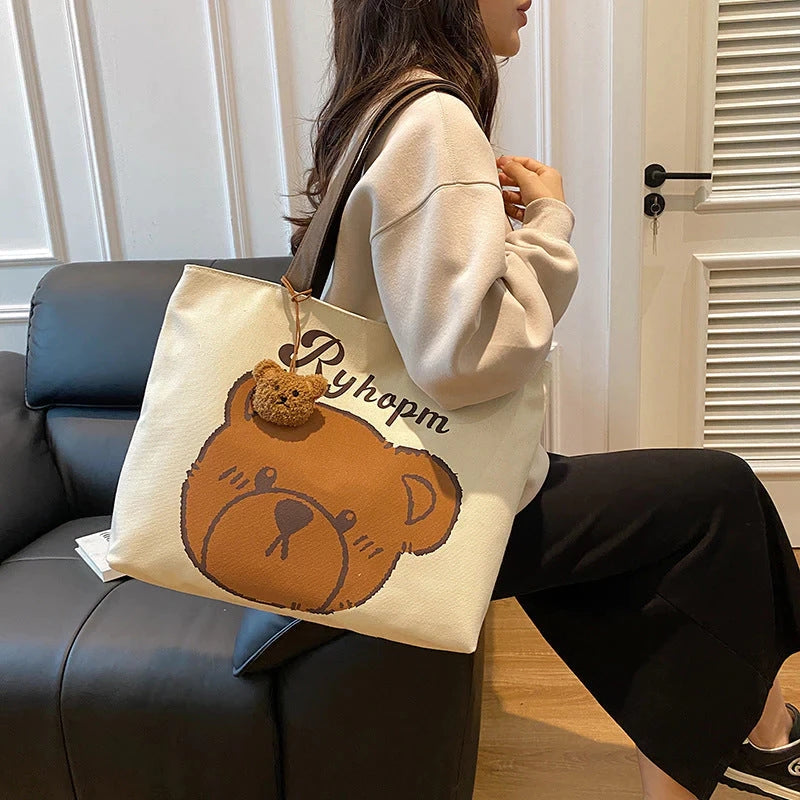 Cute Cartoon Bear Design Casual Canvas Tote Bag Shoulder Bag For Women (NO KEYCHAIN) #3626