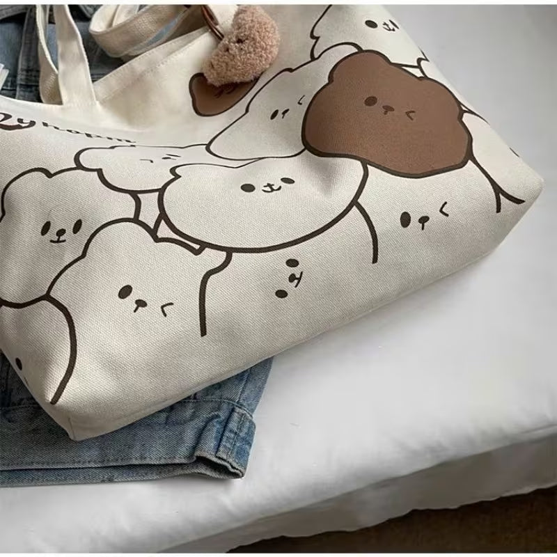 Cute Cartoon Bear Design Casual Canvas Tote Bag Shoulder Bag For Women (NO KEYCHAIN) #3626