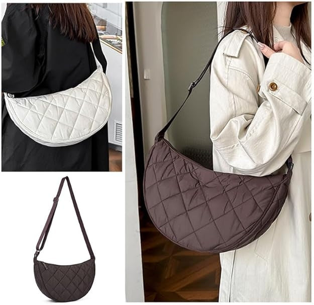 Half Moon Crossbody Bag Women's Shoulder Bag Medium Nylon Quilted Bag Women's Puffer Bag Hobo Shopper Bag Shoulder Bag with Adjustable Shoulder Strap for University Work Travel Everyday 3535