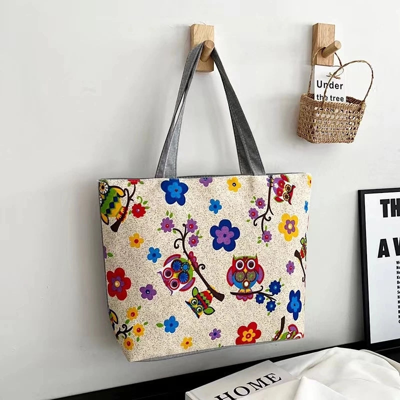 Tote Bag For Women Printed Canvas Shoulder Bag Casual Style With Zipper Closure #3665