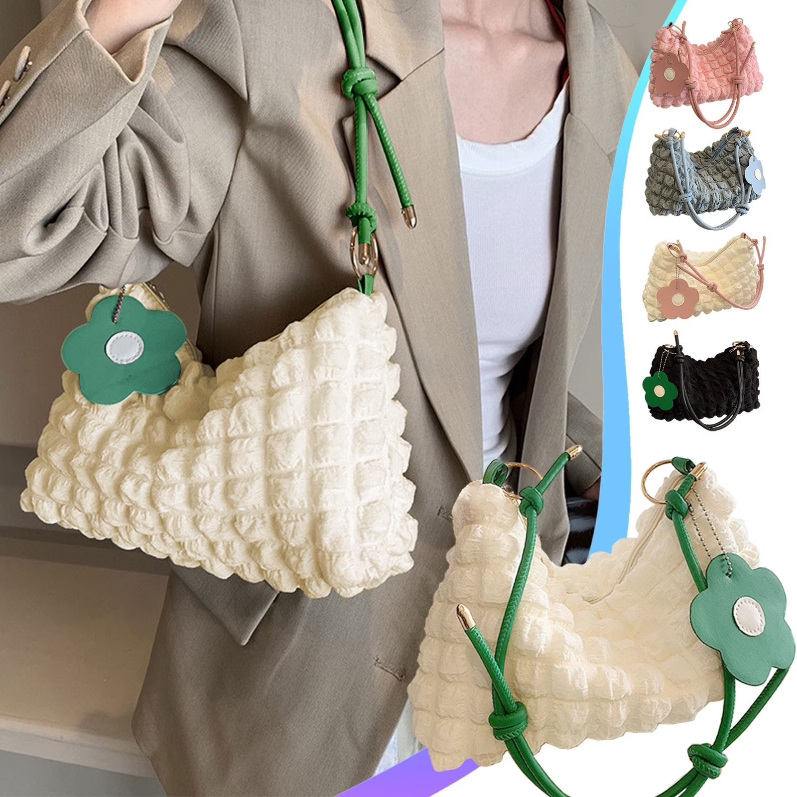 Cloud Puffer Tote Bag for Woman Wrinkle Bubble Polyester Shoulder Handbag #3386