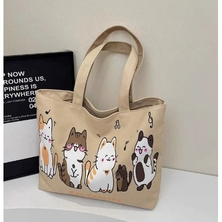 Tote Bag with Zipper Cat Design Canvas for Students (NO KEYCHAIN) #3607