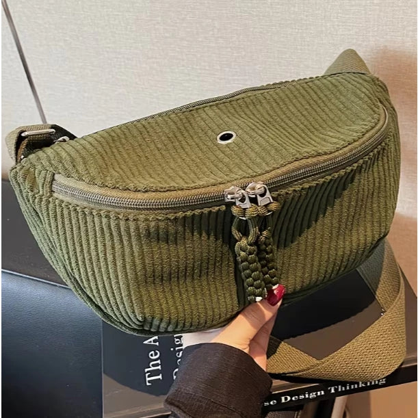 Women's Adjustable Corduroy Crossbody Bag with Plush Strap - Soft Casual Purse Suitable for Daily Use, Travel, Zipper Closure, Compatible for Gifts 3621
