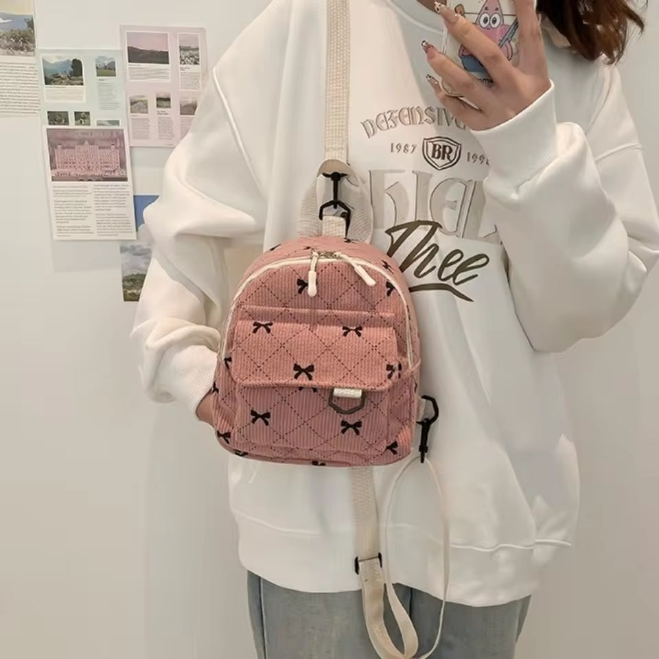 New Bow-tie Corduroy Mini Backpack Japanese Style Commuter Bag Suitable For Daily Use #3620