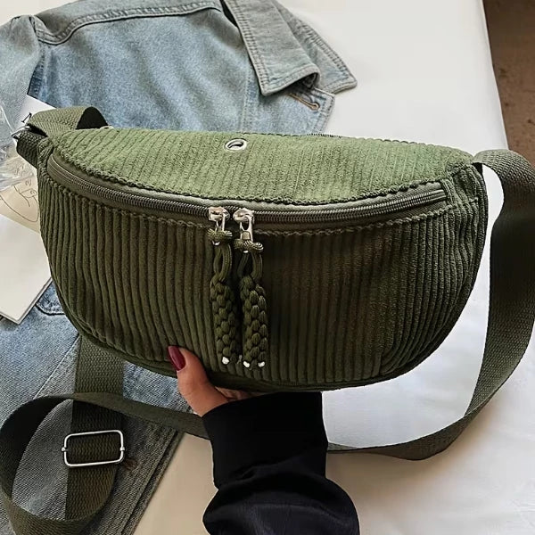 Women's Adjustable Corduroy Crossbody Bag with Plush Strap - Soft Casual Purse Suitable for Daily Use, Travel, Zipper Closure, Compatible for Gifts 3621