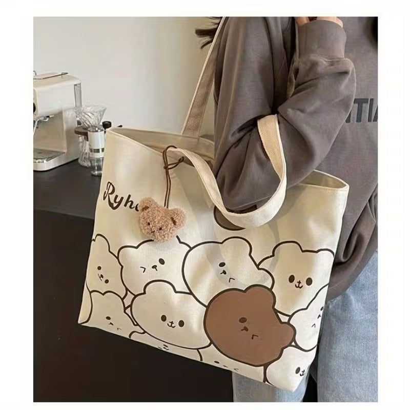 Cute Cartoon Bear Design Casual Canvas Tote Bag Shoulder Bag For Women (NO KEYCHAIN) #3626