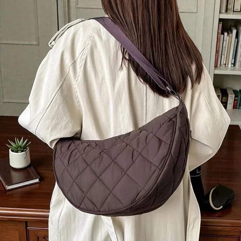 Half Moon Crossbody Bag Women's Shoulder Bag Medium Nylon Quilted Bag Women's Puffer Bag Hobo Shopper Bag Shoulder Bag with Adjustable Shoulder Strap for University Work Travel Everyday 3535