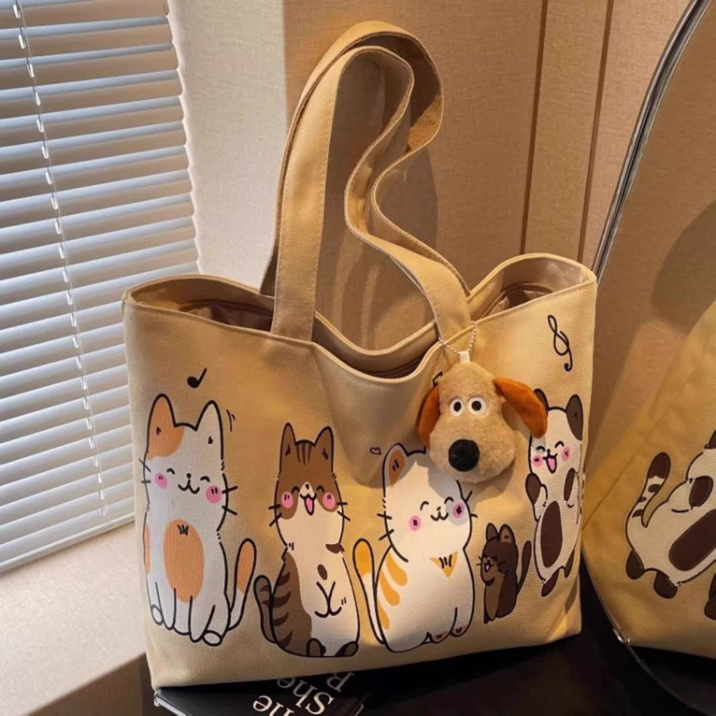 Tote Bag with Zipper Cat Design Canvas for Students (NO KEYCHAIN) #3607