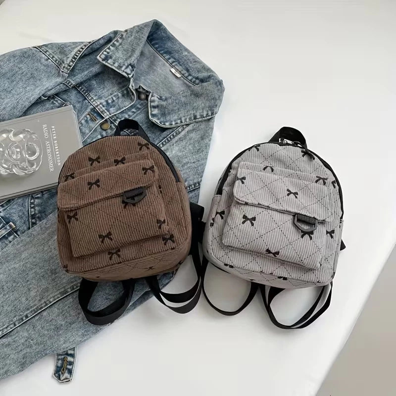 New Bow-tie Corduroy Mini Backpack Japanese Style Commuter Bag Suitable For Daily Use #3620