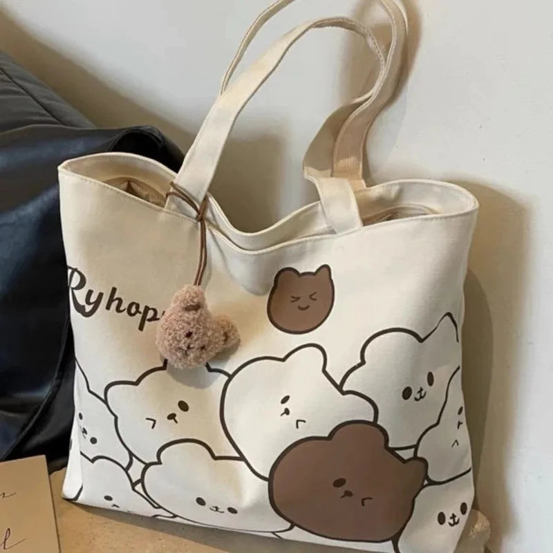 Cute Cartoon Bear Design Casual Canvas Tote Bag Shoulder Bag For Women (NO KEYCHAIN) #3626