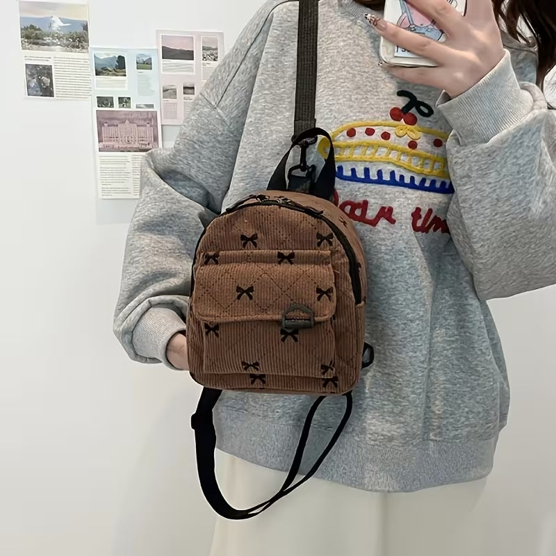 New Bow-tie Corduroy Mini Backpack Japanese Style Commuter Bag Suitable For Daily Use #3620