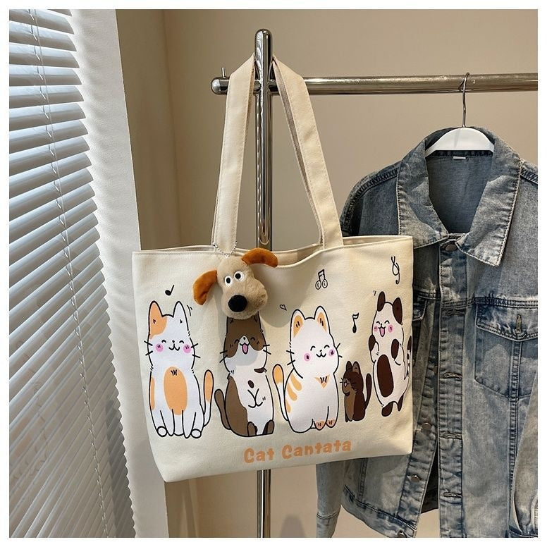 Tote Bag with Zipper Cat Design Canvas for Students (NO KEYCHAIN) #3607