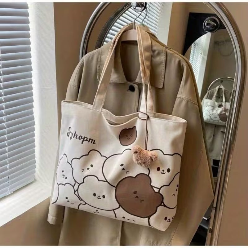 Cute Cartoon Bear Design Casual Canvas Tote Bag Shoulder Bag For Women (NO KEYCHAIN) #3626
