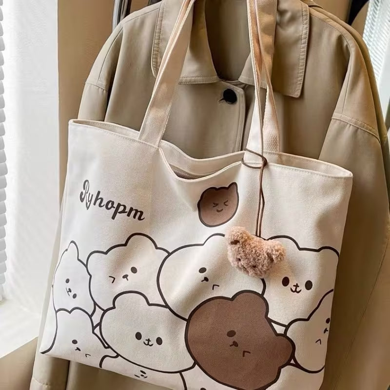 Cute Cartoon Bear Design Casual Canvas Tote Bag Shoulder Bag For Women (NO KEYCHAIN) #3626