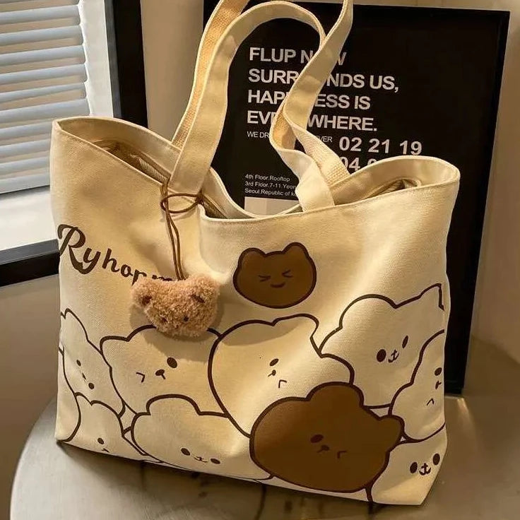 Cute Cartoon Bear Design Casual Canvas Tote Bag Shoulder Bag For Women (NO KEYCHAIN) #3626