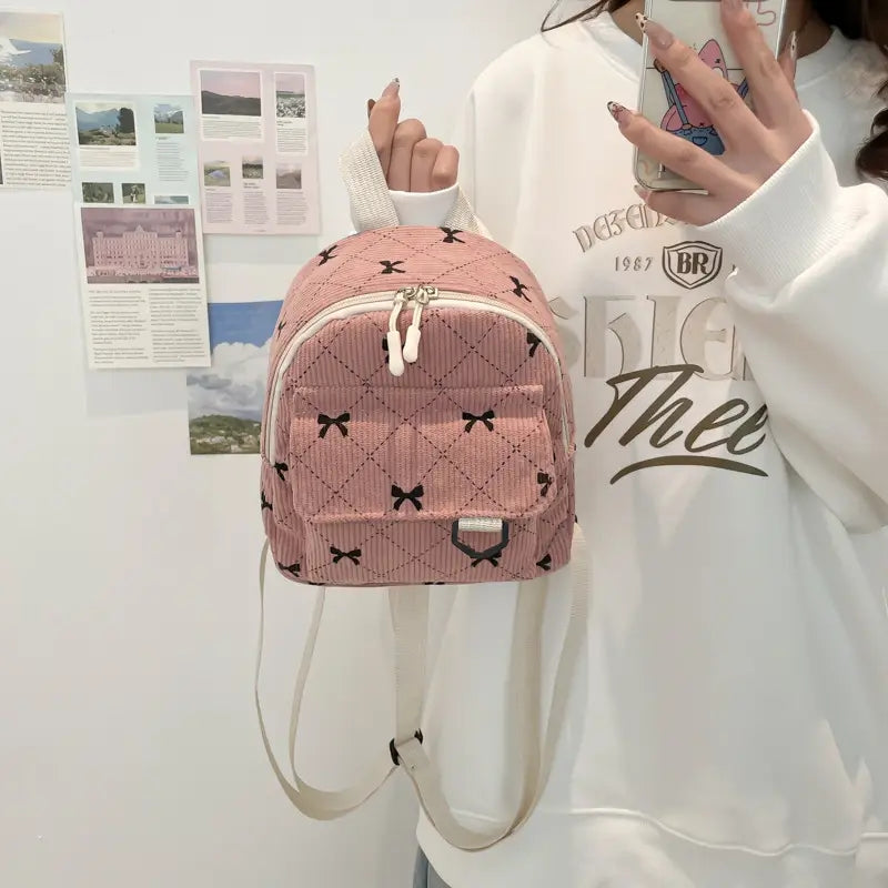 New Bow-tie Corduroy Mini Backpack Japanese Style Commuter Bag Suitable For Daily Use #3620
