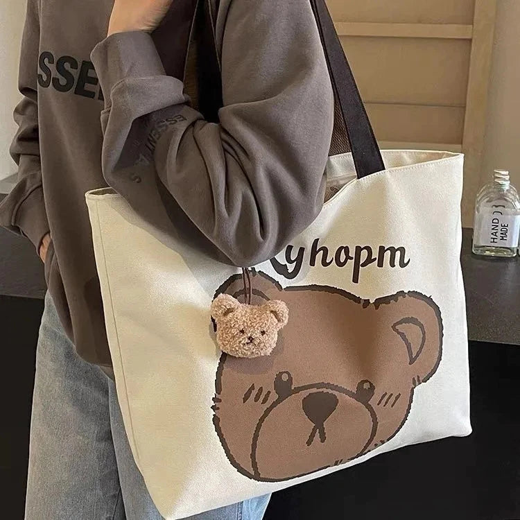 Cute Cartoon Bear Design Casual Canvas Tote Bag Shoulder Bag For Women (NO KEYCHAIN) #3626