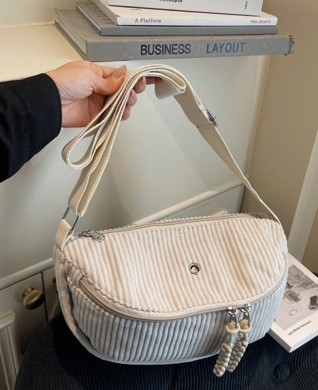 Women's Adjustable Corduroy Crossbody Bag with Plush Strap - Soft Casual Purse Suitable for Daily Use, Travel, Zipper Closure, Compatible for Gifts 3621