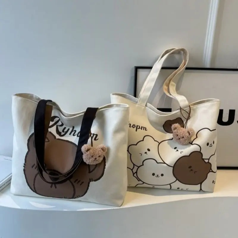 Cute Cartoon Bear Design Casual Canvas Tote Bag Shoulder Bag For Women (NO KEYCHAIN) #3626
