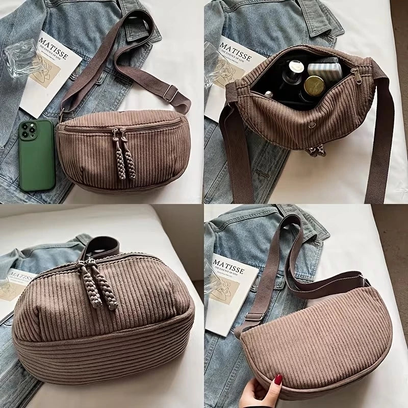 Women's Adjustable Corduroy Crossbody Bag with Plush Strap - Soft Casual Purse Suitable for Daily Use, Travel, Zipper Closure, Compatible for Gifts 3621
