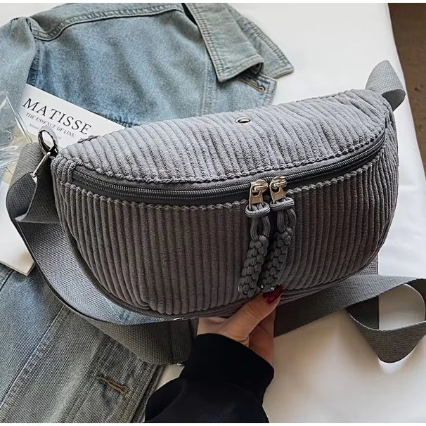 Women's Adjustable Corduroy Crossbody Bag with Plush Strap - Soft Casual Purse Suitable for Daily Use, Travel, Zipper Closure, Compatible for Gifts 3621