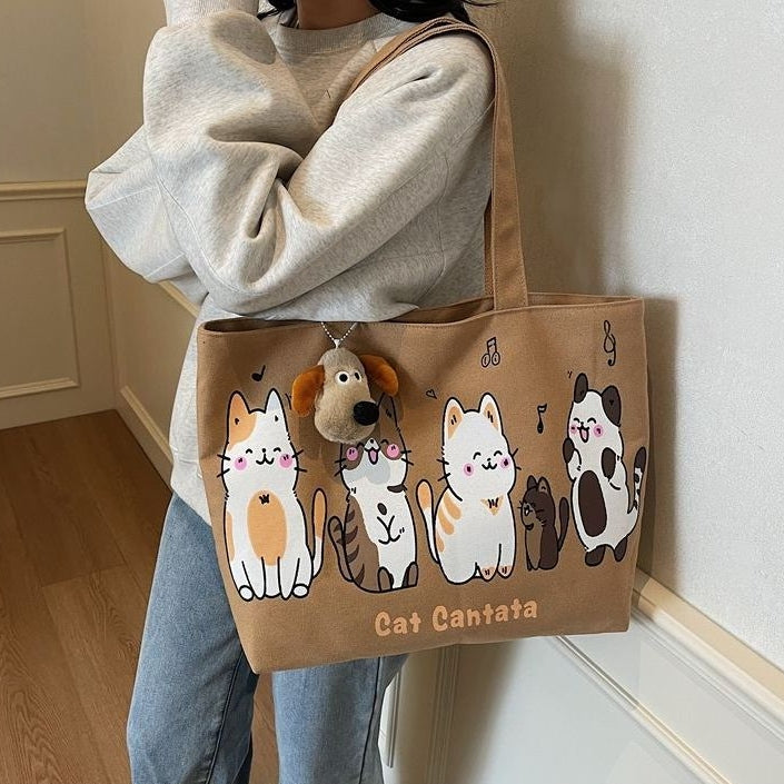Tote Bag with Zipper Cat Design Canvas for Students (NO KEYCHAIN) #3607