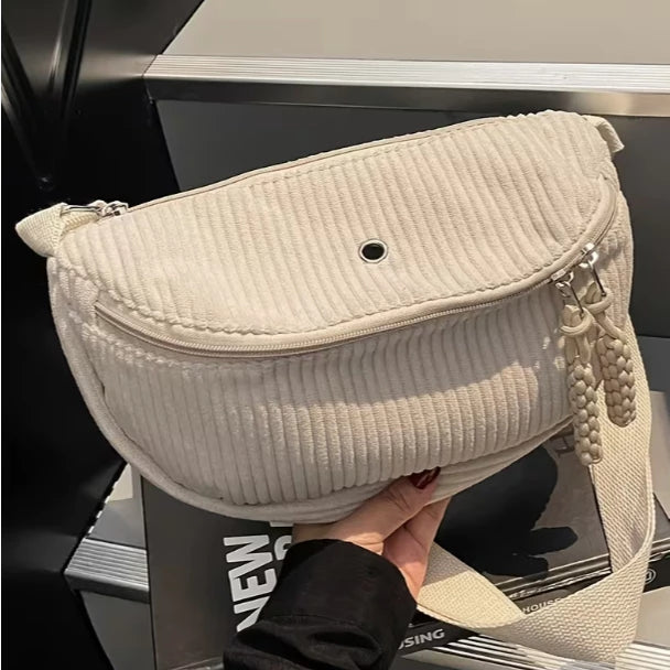 Women's Adjustable Corduroy Crossbody Bag with Plush Strap - Soft Casual Purse Suitable for Daily Use, Travel, Zipper Closure, Compatible for Gifts 3621