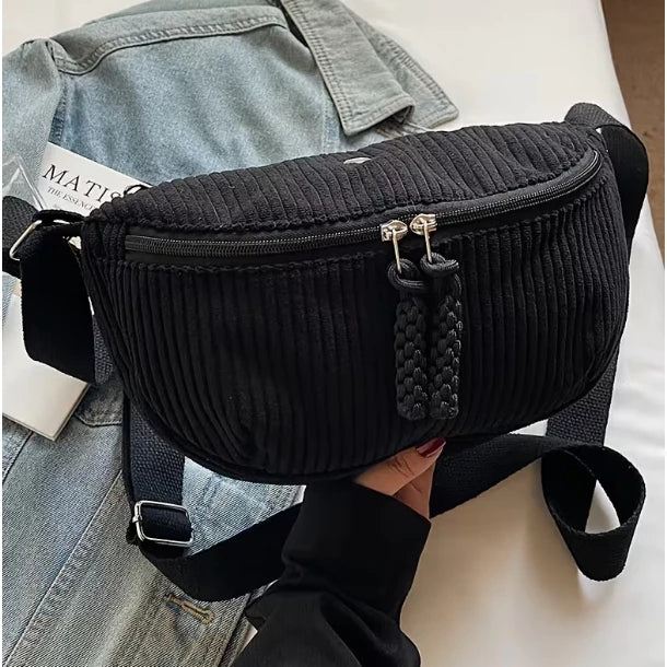 Women's Adjustable Corduroy Crossbody Bag with Plush Strap - Soft Casual Purse Suitable for Daily Use, Travel, Zipper Closure, Compatible for Gifts 3621