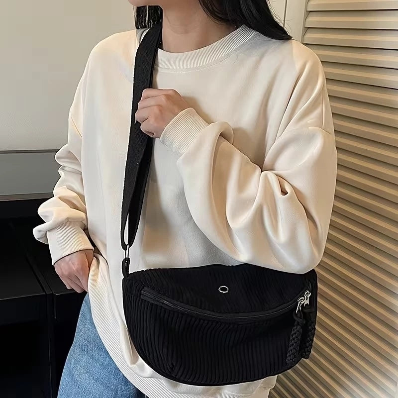 Women's Adjustable Corduroy Crossbody Bag with Plush Strap - Soft Casual Purse Suitable for Daily Use, Travel, Zipper Closure, Compatible for Gifts 3621