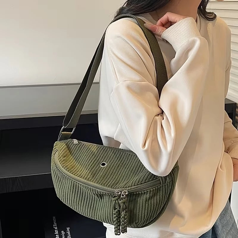 Women's Adjustable Corduroy Crossbody Bag with Plush Strap - Soft Casual Purse Suitable for Daily Use, Travel, Zipper Closure, Compatible for Gifts 3621