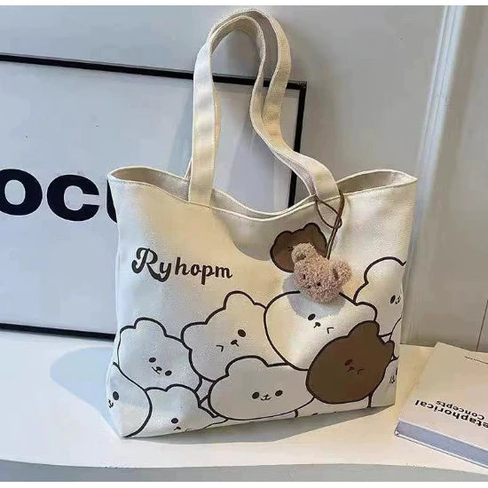 Cute Cartoon Bear Design Casual Canvas Tote Bag Shoulder Bag For Women (NO KEYCHAIN) #3626
